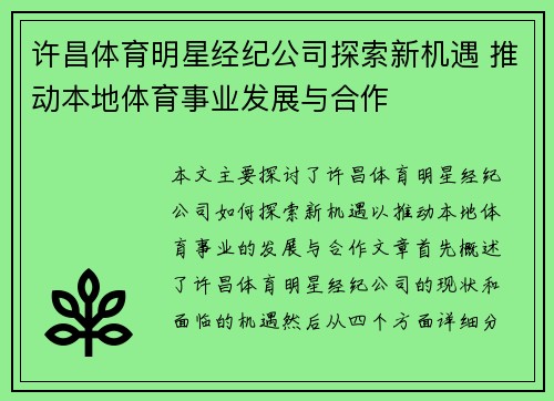 许昌体育明星经纪公司探索新机遇 推动本地体育事业发展与合作