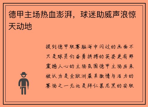 德甲主场热血澎湃，球迷助威声浪惊天动地