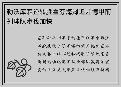 勒沃库森逆转胜霍芬海姆追赶德甲前列球队步伐加快
