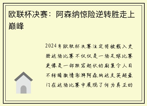 欧联杯决赛：阿森纳惊险逆转胜走上巅峰